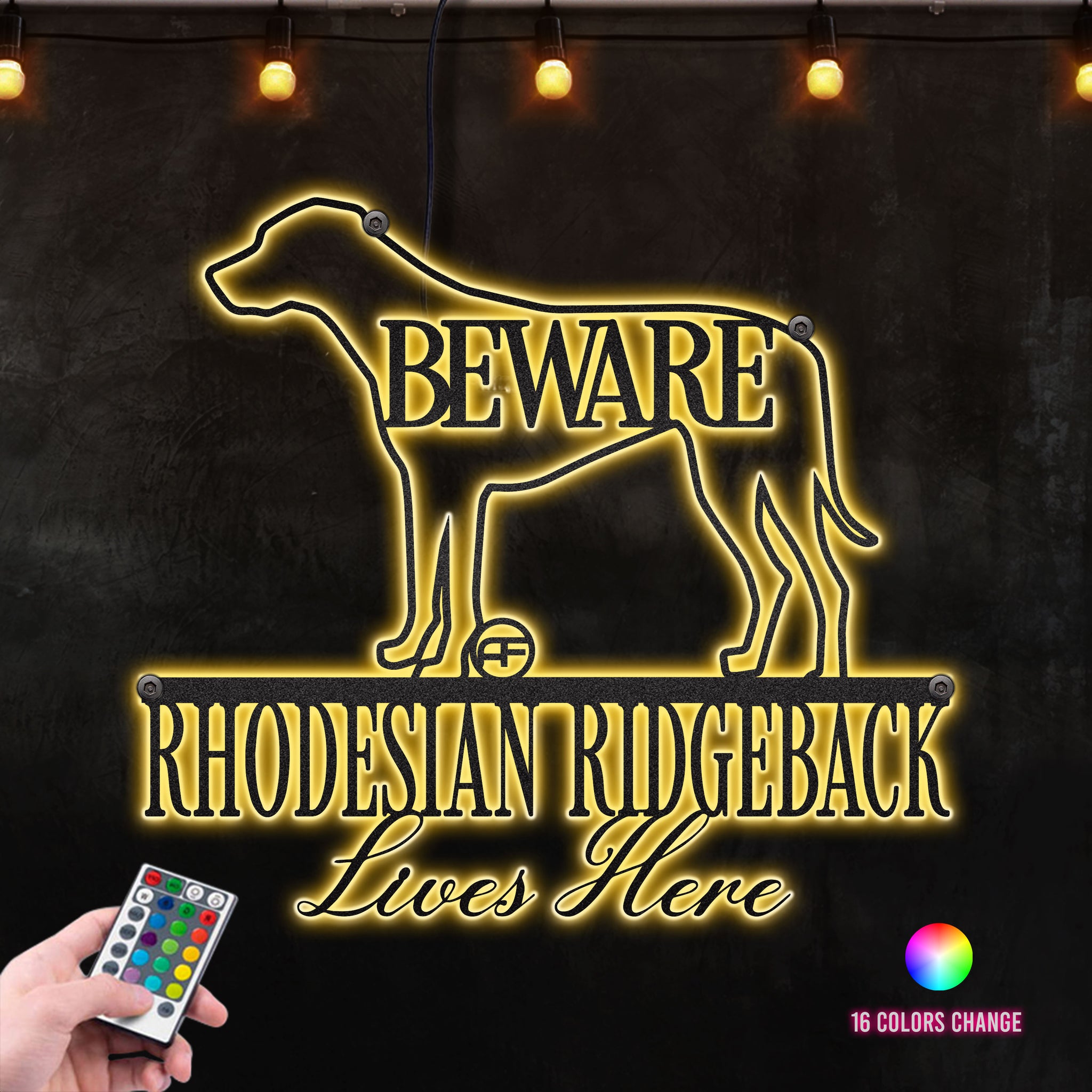 Beware Rhodesian Ridgeback Dog Lives Here Metal Wall Art RGB Led light backlit