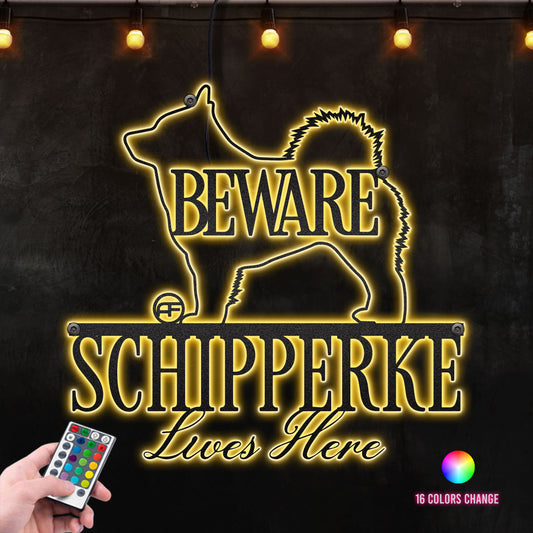 Beware Schipperke Dog Lives Here Metal Wall Art RGB Led light backlit