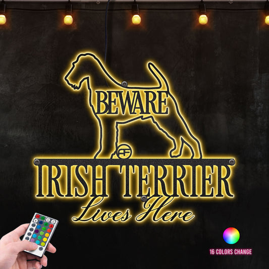 Beware Irish Terrier Dog Lives Here Metal Wall Art RGB Led light backlit