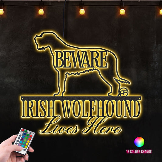 Beware Irish Wolfhound Dog Lives Here Metal Wall Art RGB Led light backlit