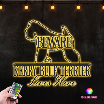 Beware Kerry Blue Terrier Dog Lives Here Metal Wall Art RGB Led light backlit