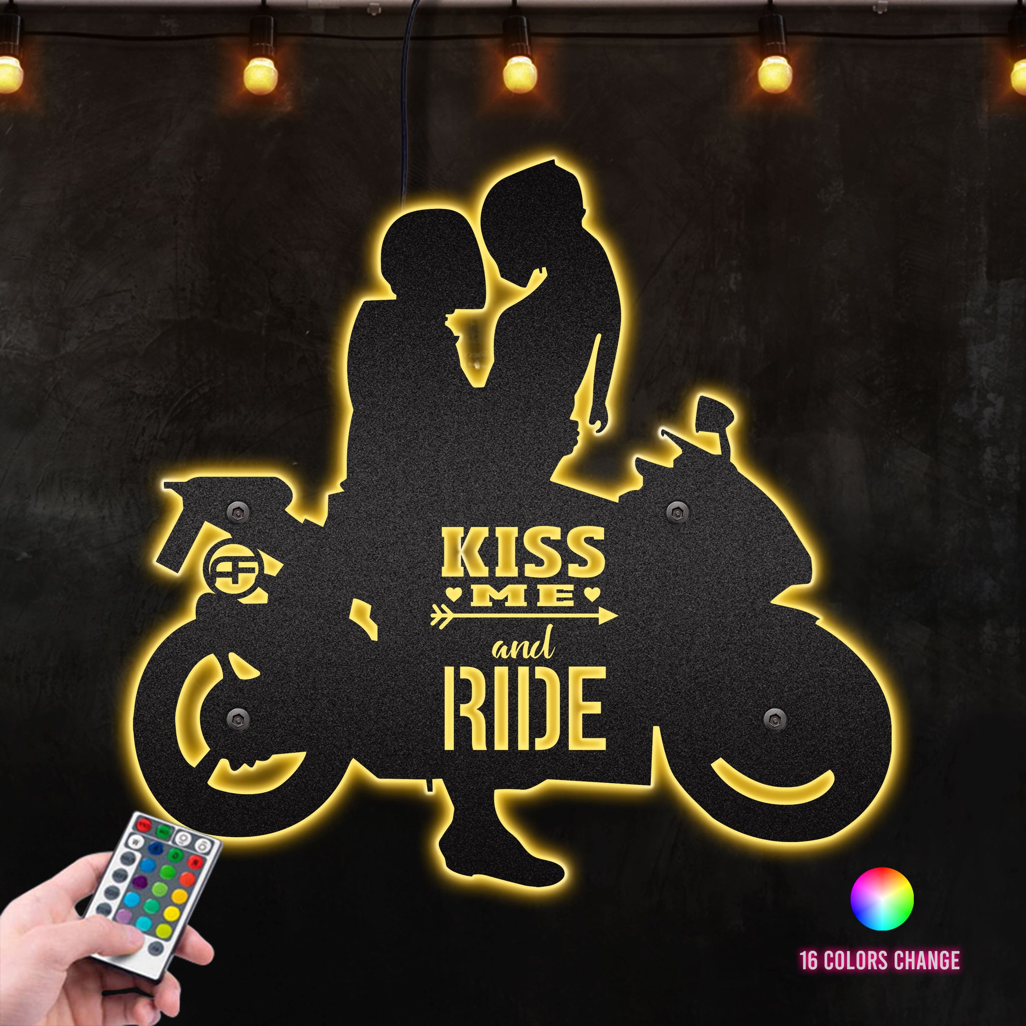 Happy Biker Couple Kiss Me And Ride , Perfect For For Rider Couple Corner Metal Wall Art RGB Led light backlit