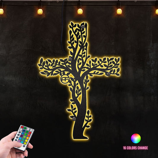 Olive Tree Cross Christmas Tree Catholic Home Decor, Catholic Art Metal Wall Art RGB Led light backlit