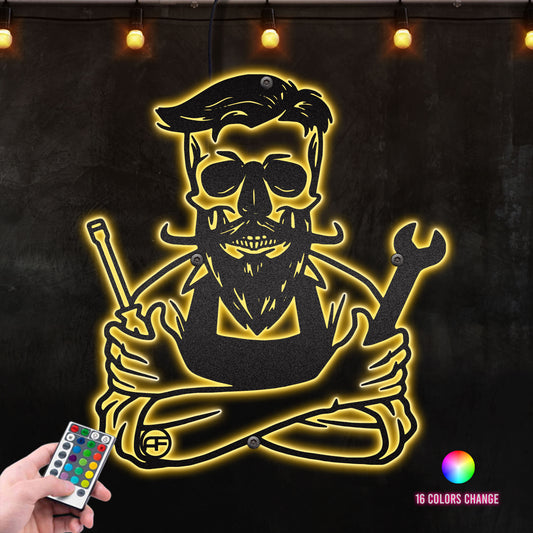 Mechanic Mustache Skull Workshop Decor Gift for Him Metal Wall Art RGB Led light backlit