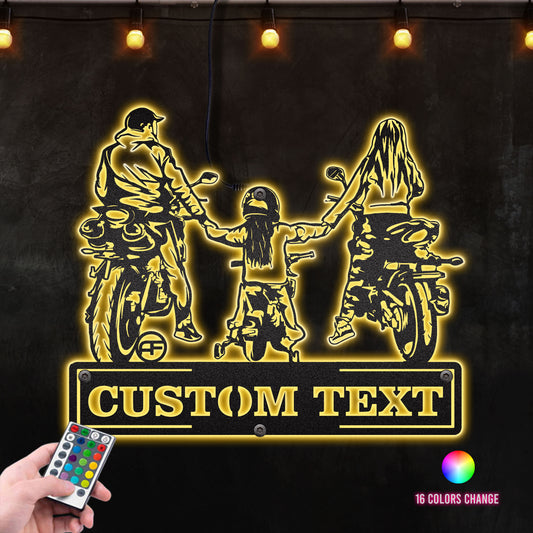 Motorcycle Lover Family Mom, Dad & Daughter Holding Hand Metal Sign Art, Perfect Sign For Biker Family Living Room Metal Wall Art RGB Led light backlit