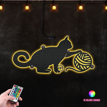 Tabby Cat Playing with Yarn Metal Wall Sign, Perfect For Knitting Corner Metal Wall Art RGB Led light backlit