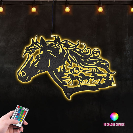 Horse Head with Wildlife Scene Inside Metal Sign Metal Wall Art RGB Led light backlit