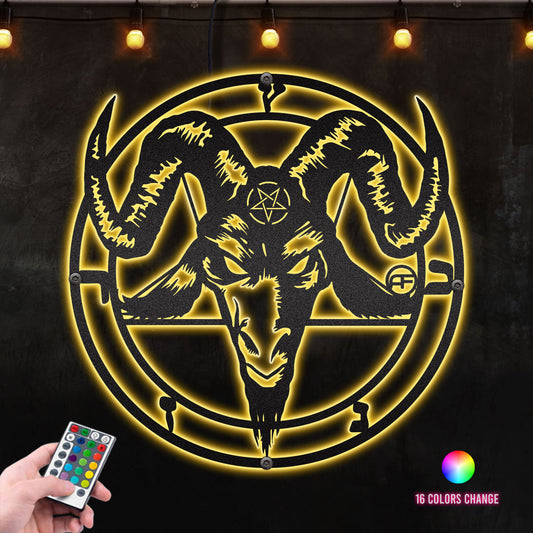 Goat Satanic Symbol Round Perfect Gift for Him Metal Wall Art RGB Led light backlit