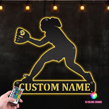 Baseball Gloves And Woman Catching Metal Wall Art RGB Led light backlit