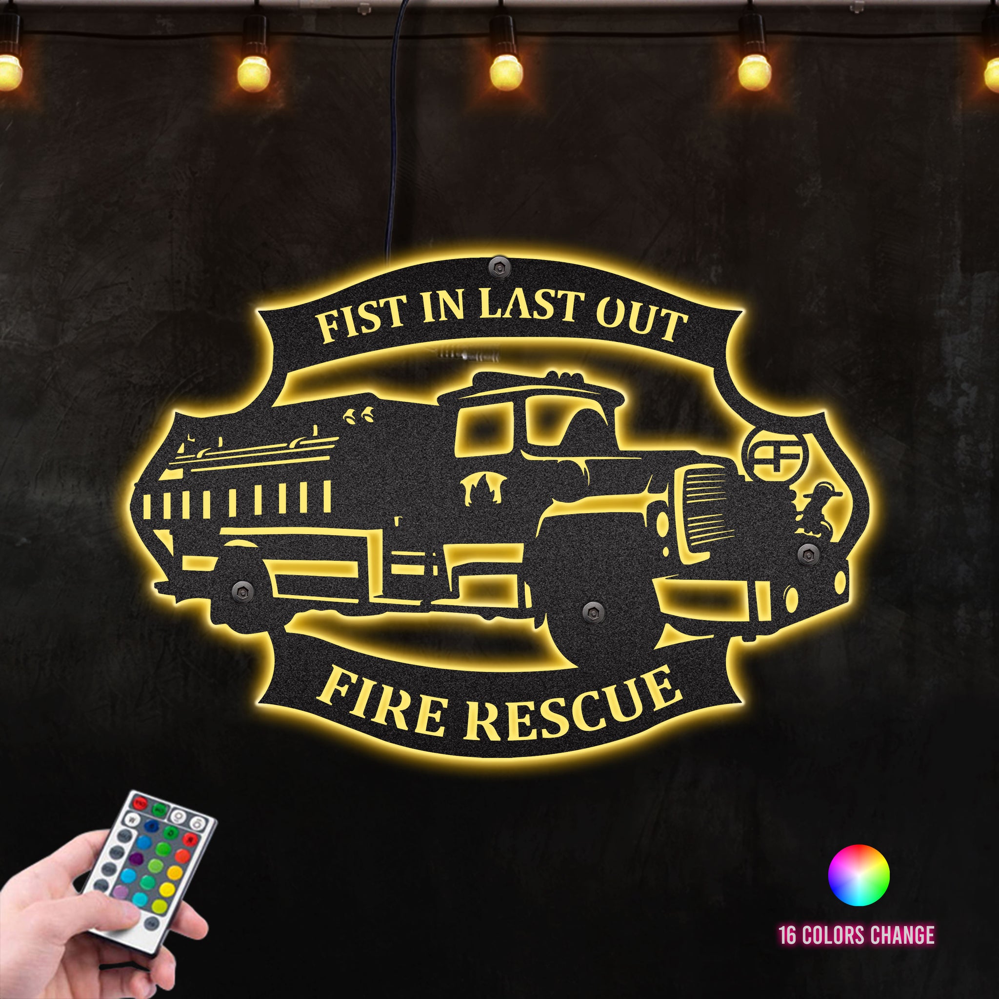 Vintage Firefighter Truck Gift for Firefighter, 911 Memorial Art Metal Wall Art RGB Led light backlit