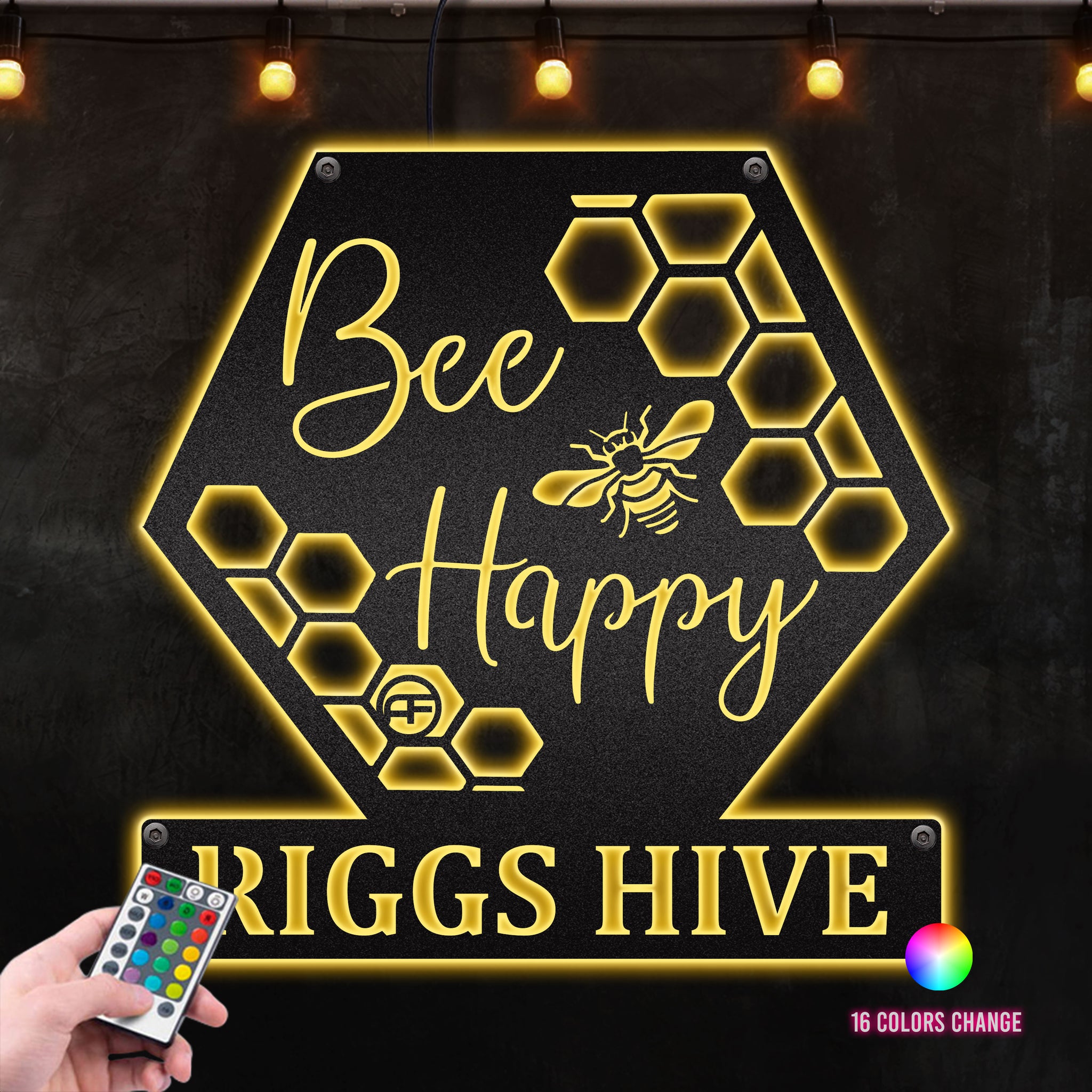 Bee Happy , Great For Bee Farmhouse Décor Metal Wall Art RGB Led light backlit