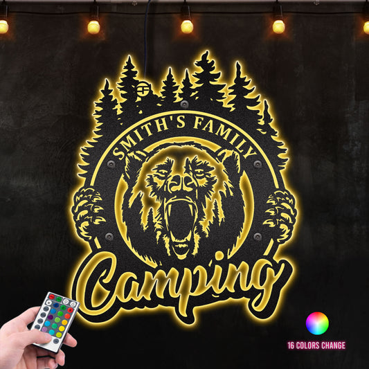 Bear Camping Sign Camping Decor Theme Gift for Him Her Metal Wall Art RGB Led light backlit