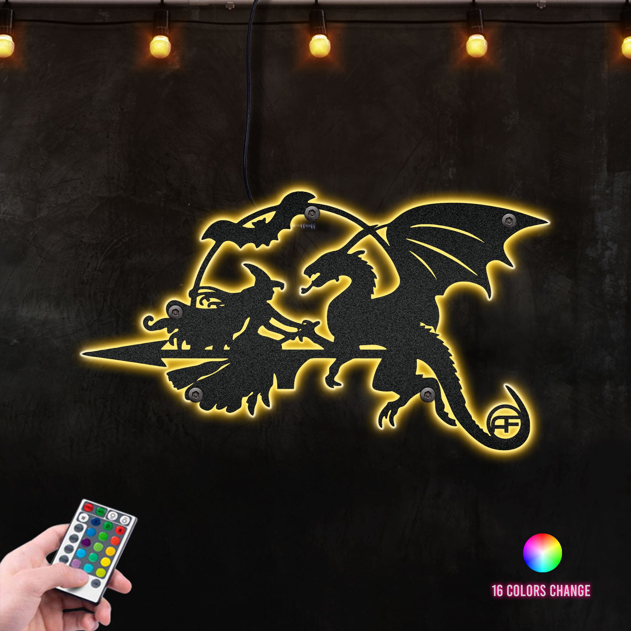 DRAGON & Witch Metal Plasmacut Weathervane, Halloween Decorations Outdoor Metal Wall Art RGB Led light backlit