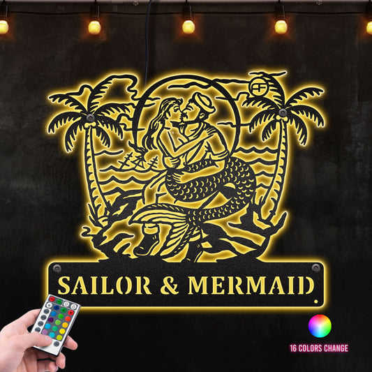 Sailor and Mermaid Metal Art Sign with Nautical Vibes Perfect Gift for Ocean Lovers Metal Wall Art RGB Led light backlit