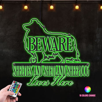 Beware Shelties and Shetland Sheepdog Lives Here Metal Wall Art RGB Led light backlit