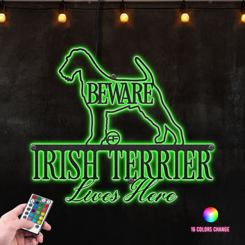 Beware Irish Terrier Dog Lives Here Metal Wall Art RGB Led light backlit