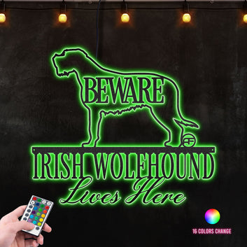 Beware Irish Wolfhound Dog Lives Here Metal Wall Art RGB Led light backlit