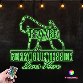 Beware Kerry Blue Terrier Dog Lives Here Metal Wall Art RGB Led light backlit