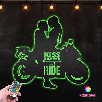 Happy Biker Couple Kiss Me And Ride , Perfect For For Rider Couple Corner Metal Wall Art RGB Led light backlit