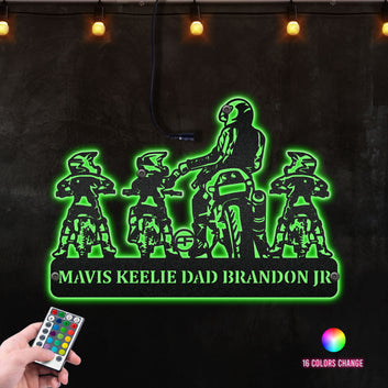 Motorcycle Dad & Two Son Riding Partners Fist Pump Custom Metal Art, Perfect Monogram For Biker's Son Room Metal Wall Art RGB Led light backlit