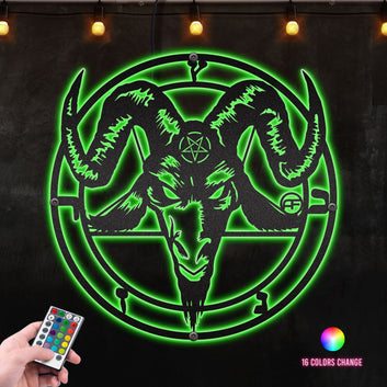 Goat Satanic Symbol Round Perfect Gift for Him Metal Wall Art RGB Led light backlit