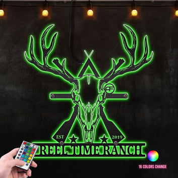 Hunting Skull With Gun with Custom Text and Time Perfect Gift for Hunting Lover Metal Wall Art RGB Led light backlit