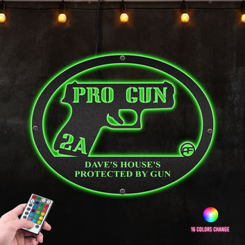 This House Protected By Gun Custom Name Living Room Decoration Metal Wall Art RGB Led light backlit