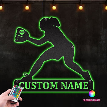 Baseball Gloves And Woman Catching Metal Wall Art RGB Led light backlit