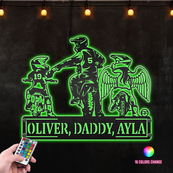 Dad and His Child Motorcycle Father, Son and Daughter with Angel Wing Riding Partners Metal Wall Art RGB Led light backlit