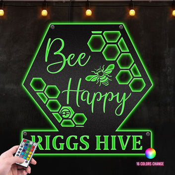 Bee Happy , Great For Bee Farmhouse Décor Metal Wall Art RGB Led light backlit