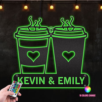 Couple Drinking Coffee Customized Living Room Decoration Perfect Gift For Housewarming Gift, Anniversary Metal Wall Art RGB Led light backlit