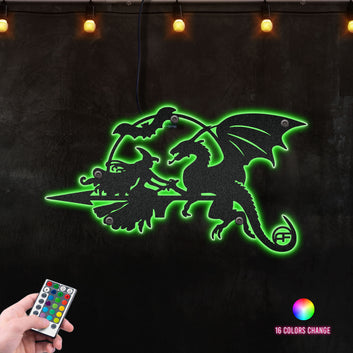 DRAGON & Witch Metal Plasmacut Weathervane, Halloween Decorations Outdoor Metal Wall Art RGB Led light backlit