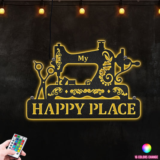 Mom's Happy Place Sewing Machine Metal Wall Art RGB Led light backlit