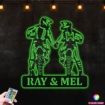 Dirt Bike Couple Holding Hand, Great Monogram For Rider Couple CornerMetal Wall Art RGB Led light backlit