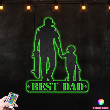 Skateboarding Dad and Son Hold Hand Each Other Metal Wall Art RGB Led light backlit