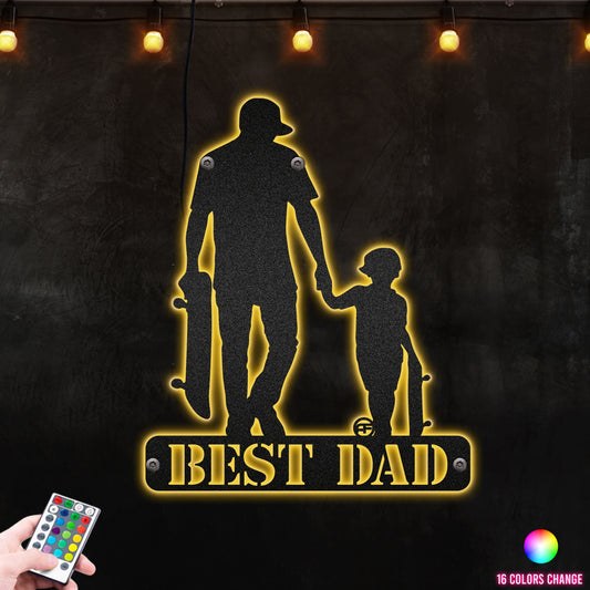 Skateboarding Dad and Son Hold Hand Each Other Metal Wall Art RGB Led light backlit