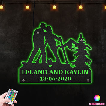 Couple Skiing Kissing Custom NameMetal Wall Art RGB Led light backlit