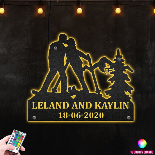 Couple Skiing Kissing Custom NameMetal Wall Art RGB Led light backlit