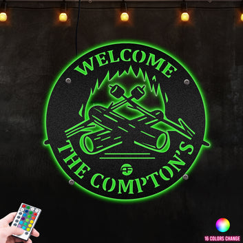 Camping Fire Welcome Sign Camping Theme Decor Gift for Him HerMetal Wall Art RGB Led light backlit