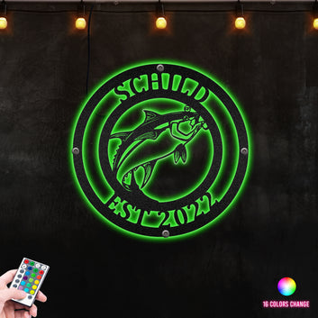 Customized Tuna Fishing Circle Monogram For Fishing Lodge  Metal Wall Art RGB Led light backlit