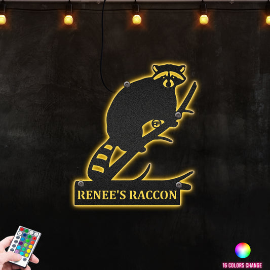 Racoon Hunting House Decor Gift for Him Her Metal Wall Art RGB Led light backlit