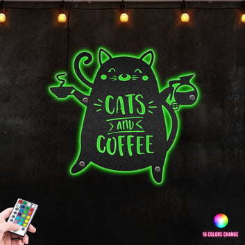 Happy Fat Cats And Coffee  Metal Steel Art, Great Monogram For Cat Lover Corner Metal Wall Art RGB Led light backlit